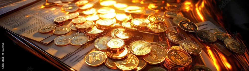 Poster a stunning collection of gleaming coins reflecting warm sunlight, creating an enchanting atmosphere 