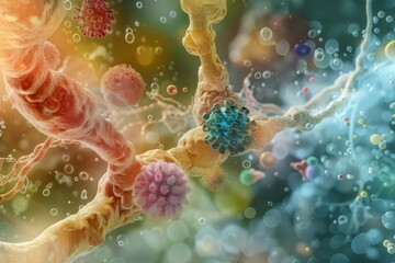 A detailed image displaying a group of viruses and bacteria, capturing their unique appearances and microscopic details, The delicate balance of the immune system, AI generated