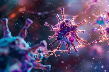 A detailed image displaying a group of viruses and bacteria, capturing their unique appearances and microscopic details, The delicate balance of the immune system, AI generated