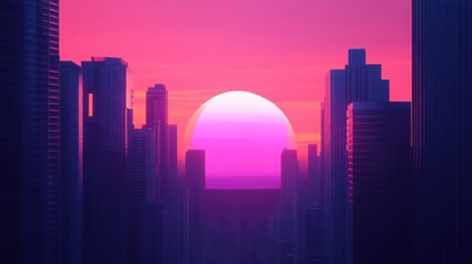 A stunning sunset over a modern cityscape, featuring skyscrapers and vibrant hues of purple and pink, perfect for urban themes.