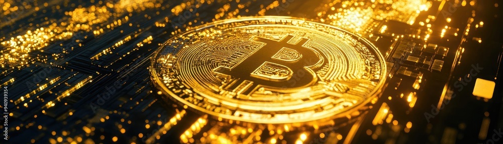 Poster A close-up of a Bitcoin coin glowing amidst a backdrop of digital circuits and golden light, symbolizing cryptocurrency innovation.