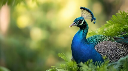  A tight shot of a peacock perched in a tree against a softly blurred background