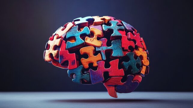Colorful puzzle brain, representing mental health, creativity, and cognitive functions. Symbolizes psychology, neurology, and problem-solving.