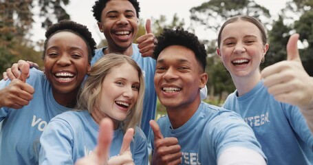 Thumbs up, volunteer and selfie of people in park for charity event, community service and teamwork. Volunteering, happy and portrait of men and women with emoji for donation, ngo and thank you - Powered by Adobe