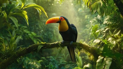 Obraz premium A toucan sits elegantly on a jungle branch, surrounded by dense greenery and tropical foliage.