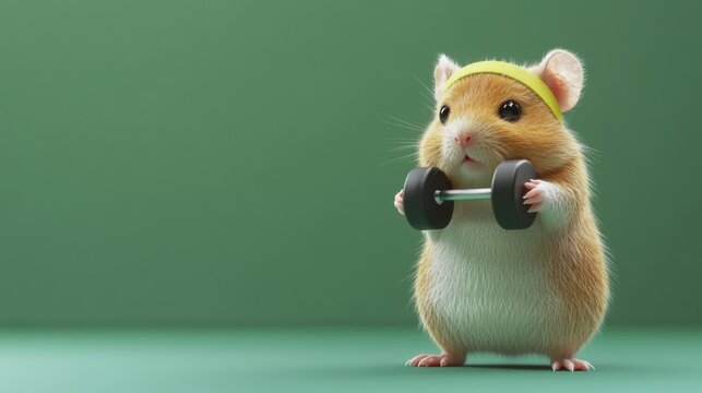 Adorable hamster lifting a tiny dumbbell on a green background. Great for fitness, health, or humorous content with a cute and motivational twist.