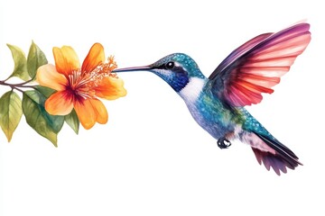 Obraz premium A vibrant hummingbird feeds on a colorful flower, showcasing nature's beauty and intricate details.