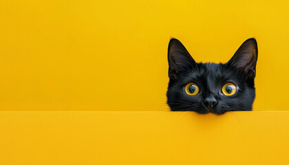 Curious black cat peeking over a yellow background. Perfect for playful and eye-catching designs with vibrant color contrast and humor.