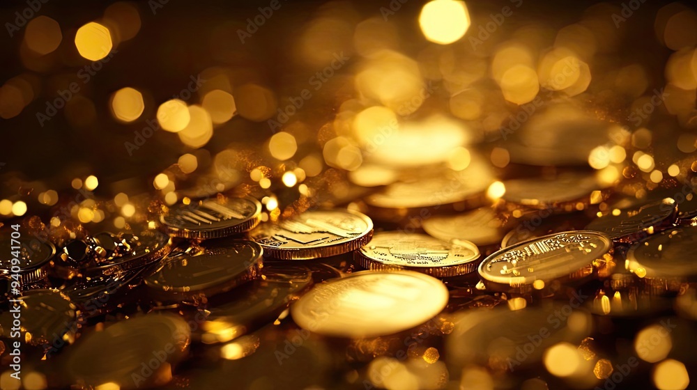Poster close-up of shimmering golden coins scattered on a surface, reflecting light, symbolizing wealth and