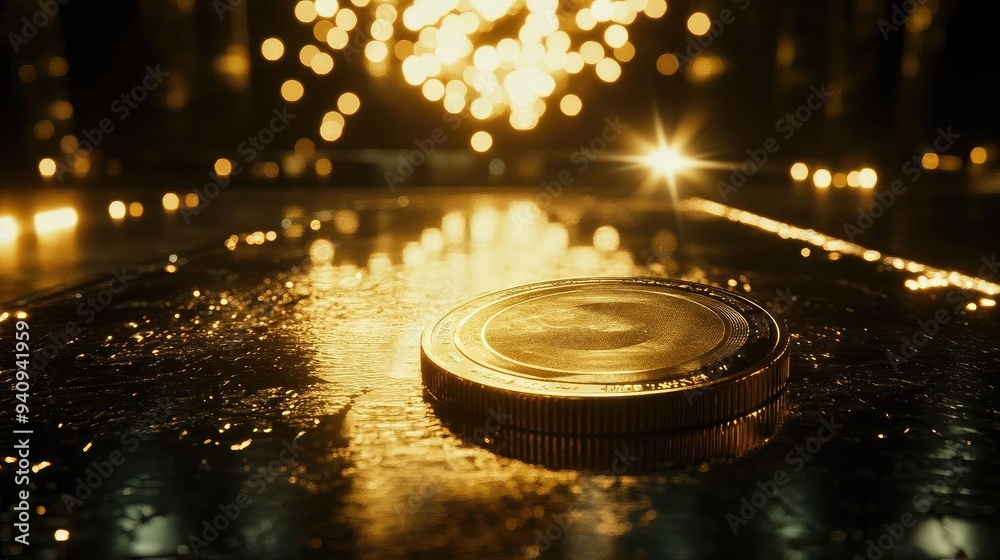 Aufkleber a close-up of a coin on a reflective surface with sparkling lights in the background, symbolizing we
