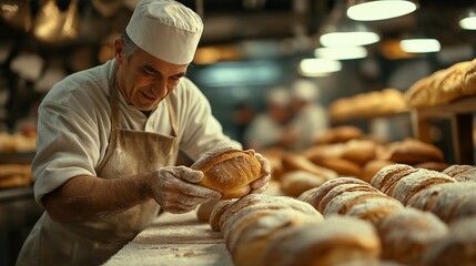 Baker inspecting freshly baked bread in a traditional bakery