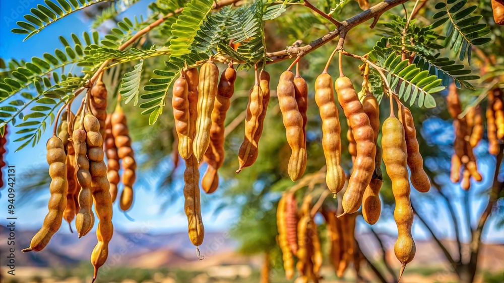 Sticker Close-up of ripe edible mesquite beans hanging from a tree in the Mojave Desert, California, USA , mesquite, beans, edible, tree