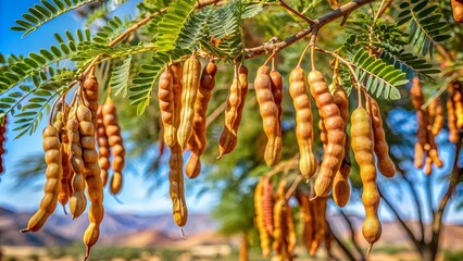 Close-up of ripe edible mesquite beans hanging from a tree in the Mojave Desert, California, USA , mesquite, beans, edible, tree