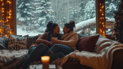 Cozy Winter Scene: Two Women Relaxing by Window with Snowy Forest View