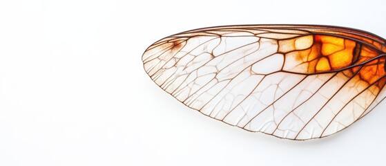 An elegant close-up of a translucent insect wing, showcasing intricate details and a beautiful natural gradient of colors.