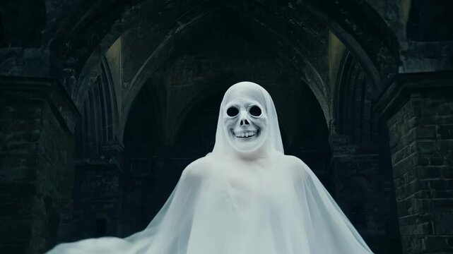 A ghostly figure in a dimly lit castle hallway, surrounded by flickering candles and eerie shadows. Concept of haunted castles, paranormal activity, Halloween, mysterious apparitions, ghost