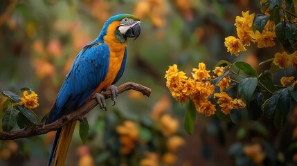  A parrot, colored blue and yellow, perches on a tree branch Behind it, a bush blooms with yellow flowers