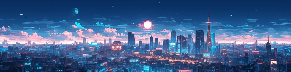 Obraz premium Retro Pixel Art Cyberpunk Cityscape: Neon-Lit Skyscrapers and Vibrant Urban Night Scene. Nostalgic Video Game Aesthetic for Digital Marketing, Web Design, and Sci-Fi Themed Campaigns. Futuristic Metro
