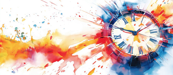 Vibrant watercolor explosion with a clock at the center