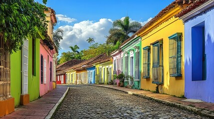Fototapeta premium A vibrant colonial street with cobblestones, where colorful houses stand side by side, evoking a sense of old-world charm.