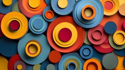 92. Abstract 3D wall art with concentric circle paper cutouts in a bold, multi-colored scheme