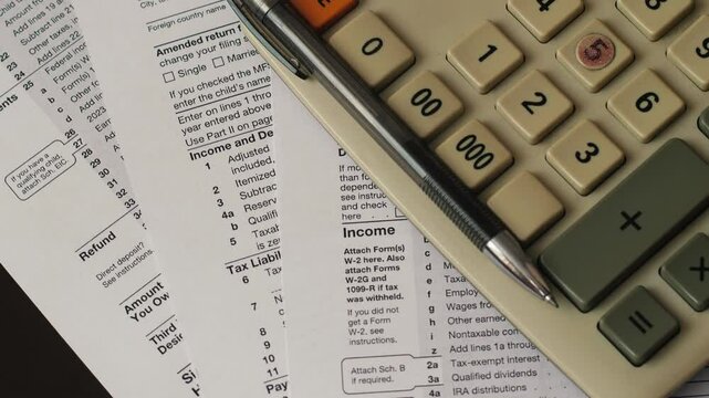 concept of paying taxes, filling out personal tax return, close-up of 1040 return, calculator and pen rotating close-up