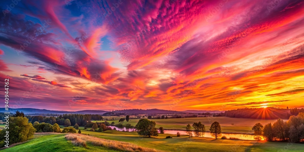 Wall mural Vibrant pink sky during sunset over a serene landscape, pink, sky, sunset, vibrant, landscape, serene, colorful, clouds