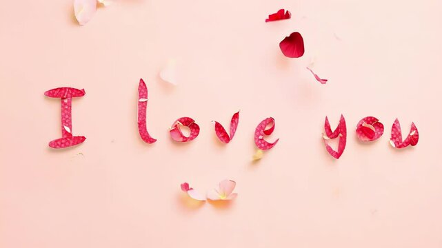 Romantic I Love You message with pink roses and floral letters on light background for Valentine's Day. Concept of relationships. Greeting card, postcard, valentine, declaration of love.