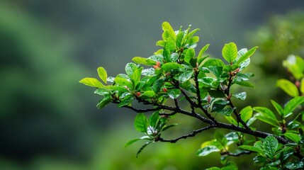 Obraz premium A tree branch, filled with leaves and droplets of water, is the foreground focus In the backdrop, a hazy forest remains blurred