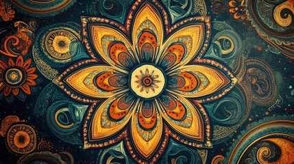 A vibrant paisley pattern with intricate details, featuring a beautiful flower in the center, blending traditional and modern styles.