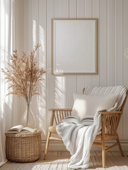 Obraz premium Blank frame mockup on the wall of a living room with neutral tones and cozy furniture, wooden accents, a white fur chair beside it