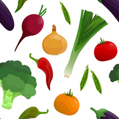 Cabbage, pepper, tomato, onion, peas isolated on a white background. Seamless vector pattern with vector vegetables.