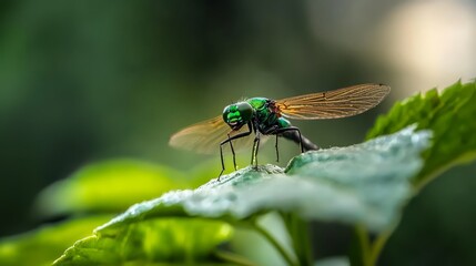  A tight shot of a green fly perched on a leaf, surrounded by indistinct background leaves and an ambiguous, blurred sky
