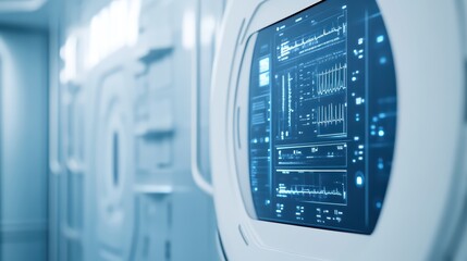 Fototapeta premium Futuristic control panel display showcasing advanced data analysis and monitoring in a high-tech environment.