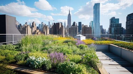 Fototapeta premium A vibrant urban garden flourishing on a rooftop, blending greenery with the city skyline.