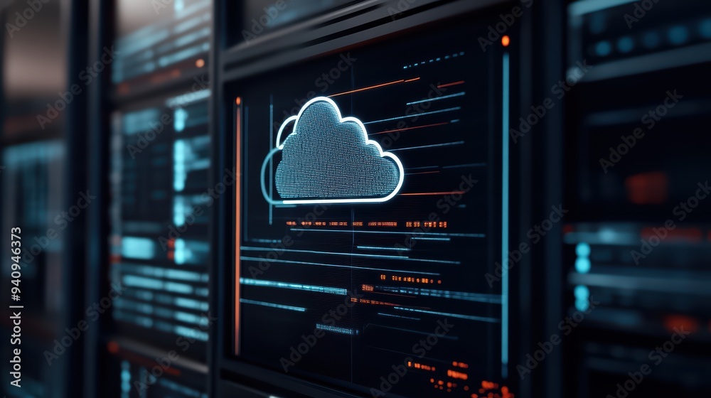 Poster futuristic data center with cloud storage icon and digital interface, symbolizing advanced technolog