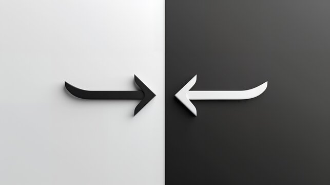 A minimalist design featuring contrasting arrows on a black and white background.