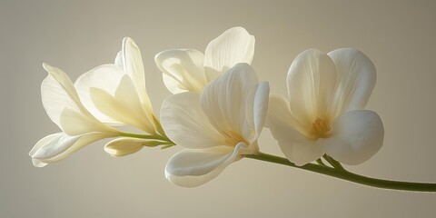 Fototapeta premium A light, gentle abstract background featuring a branch of white freesia flowers with ample copy space