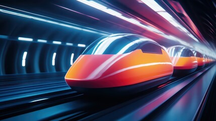 Futuristic high-speed trains racing through a modern tunnel, showcasing advanced technology and sleek design.
