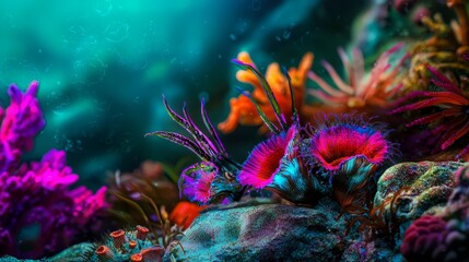  A tight shot of a solitary sea anemone adhered to a rock, surrounded by a backdrop of additional anemones in the water