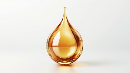 A sleek amber drop of oil, reflecting light elegantly against a white backdrop, perfect for wellness and beauty themes.