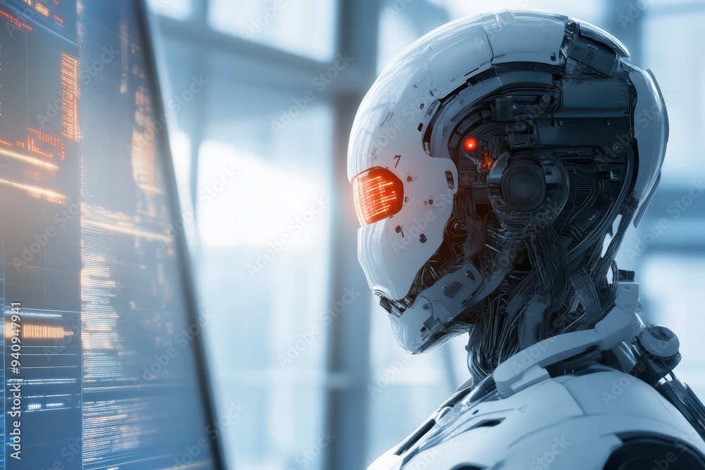 Poster futuristic robot with glowing eyes, engaged in data analysis at a computer, symbolizing advanced tec
