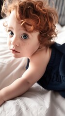 Adorable redheaded young boy with freckles and blue eyes looks pensively at the