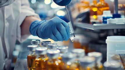A scientist in a lab coat conducts a precise experiment with a pipette and test tube. The scene is neat, highlighting the serious nature of scientific research.