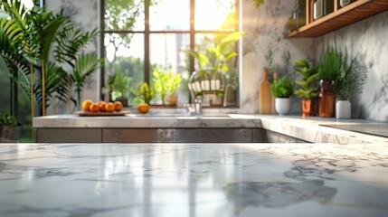 Fototapeta premium Bright kitchen with modern decor, featuring marble countertop and vibrant indoor plants in a sunny, inviting atmosphere.
