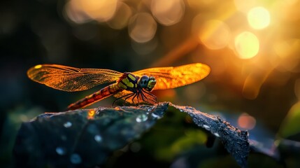 Naklejka premium A dragonfly up close on a leaf, sun rays filtering through the background trees