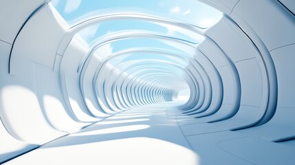 Naklejka premium Futuristic white tunnel with smooth curves and bright lighting, creating a serene and airy atmosphere.