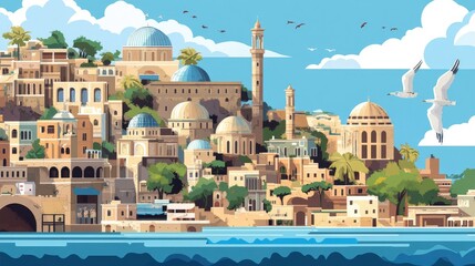 Naklejka premium A world travel-themed illustration showcasing a big old city by the Mediterranean, filled with cultural landmarks and diverse communities.