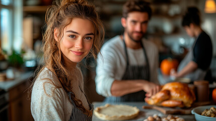 Family Baking Together, Preparing Thanksgiving Feast