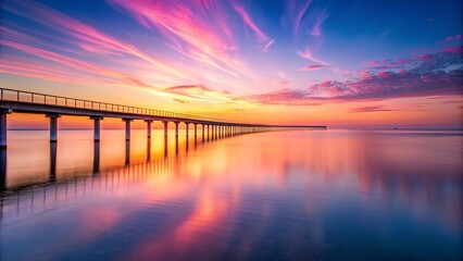 Obraz premium Pink sunset casting a warm glow over a tranquil sea with a long, thin bridge , serene, peaceful, scenic, water, ocean, evening